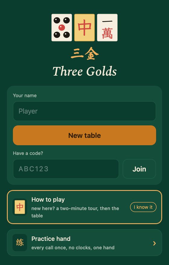 The Three Golds home screen: three mahjong tiles above the name, a New table button, and a practice hand.